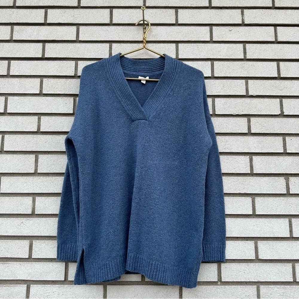 J Jill Blue Cotton Blend V-Neck Sweater MP Petite Ribbed Knit Pullover Coastal